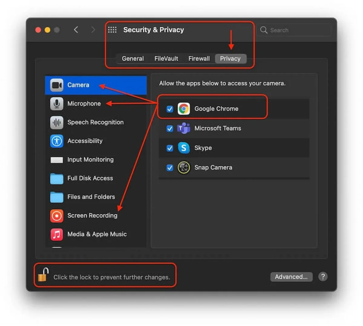macOS camera permissions settings