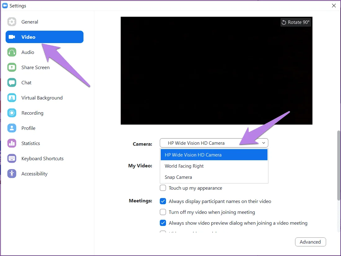Zoom app video settings